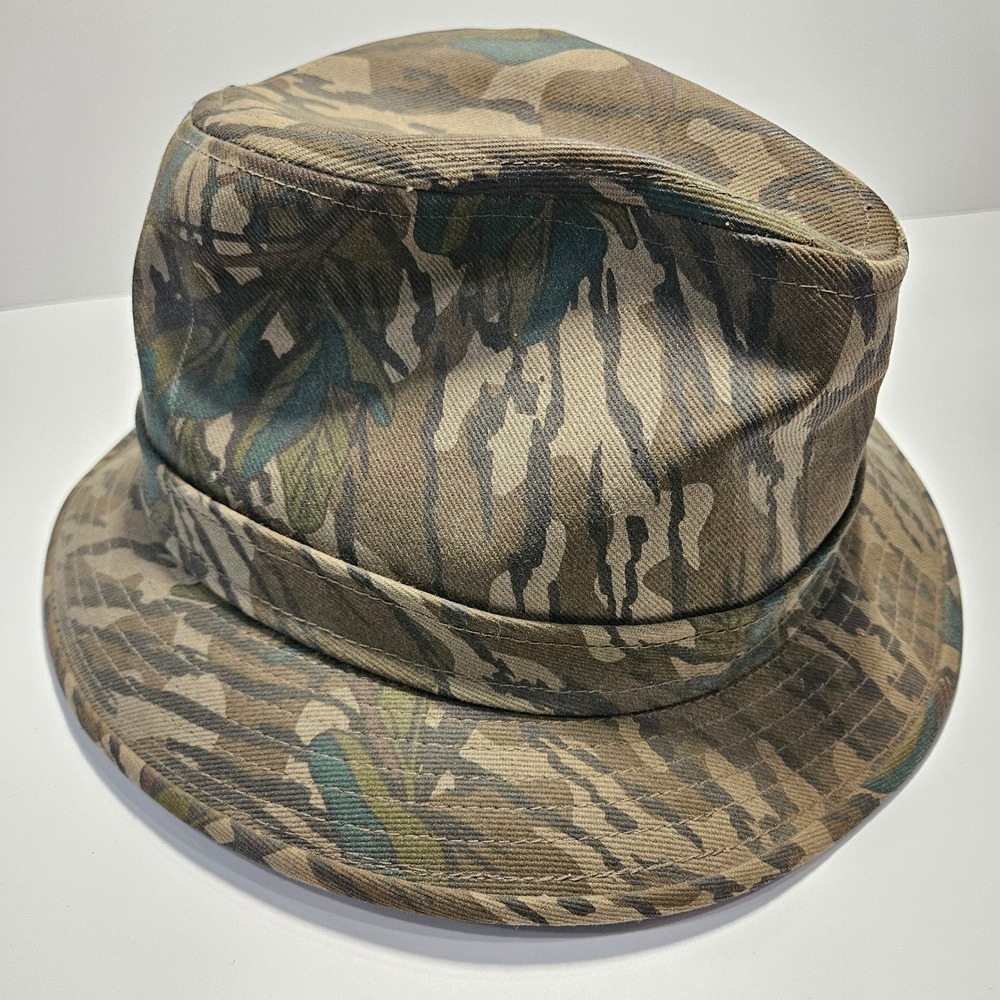Vintage Haas Outdoors Mossy Oak Bottomland Camo Fedora Bucket Hat XL Made in USA - Picture 2 of 7